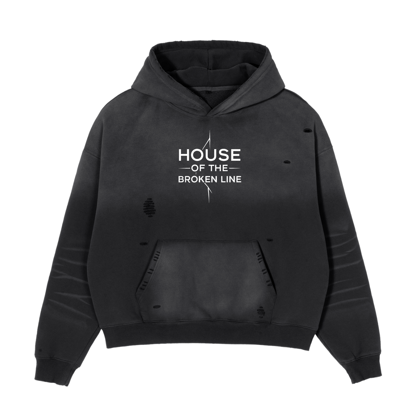 Black hoodie with 'House of the Broken Line' text on a white background
