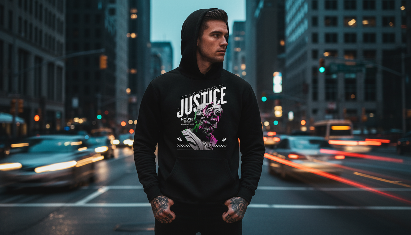 Person wearing a black hoodie with 'Justice' text in an urban setting at night.