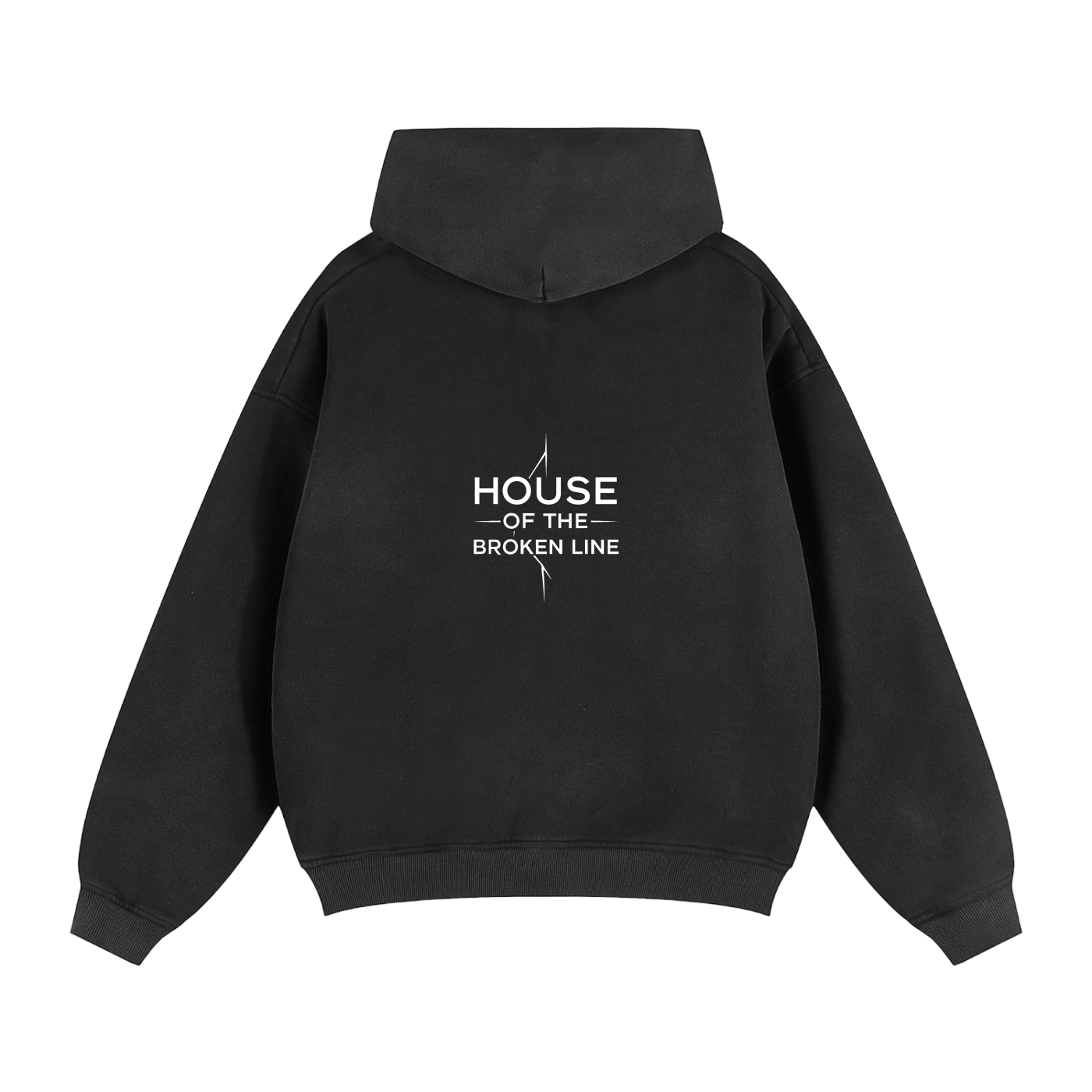 Black hoodie with 'House of the Broken Line' text on the back against a white background