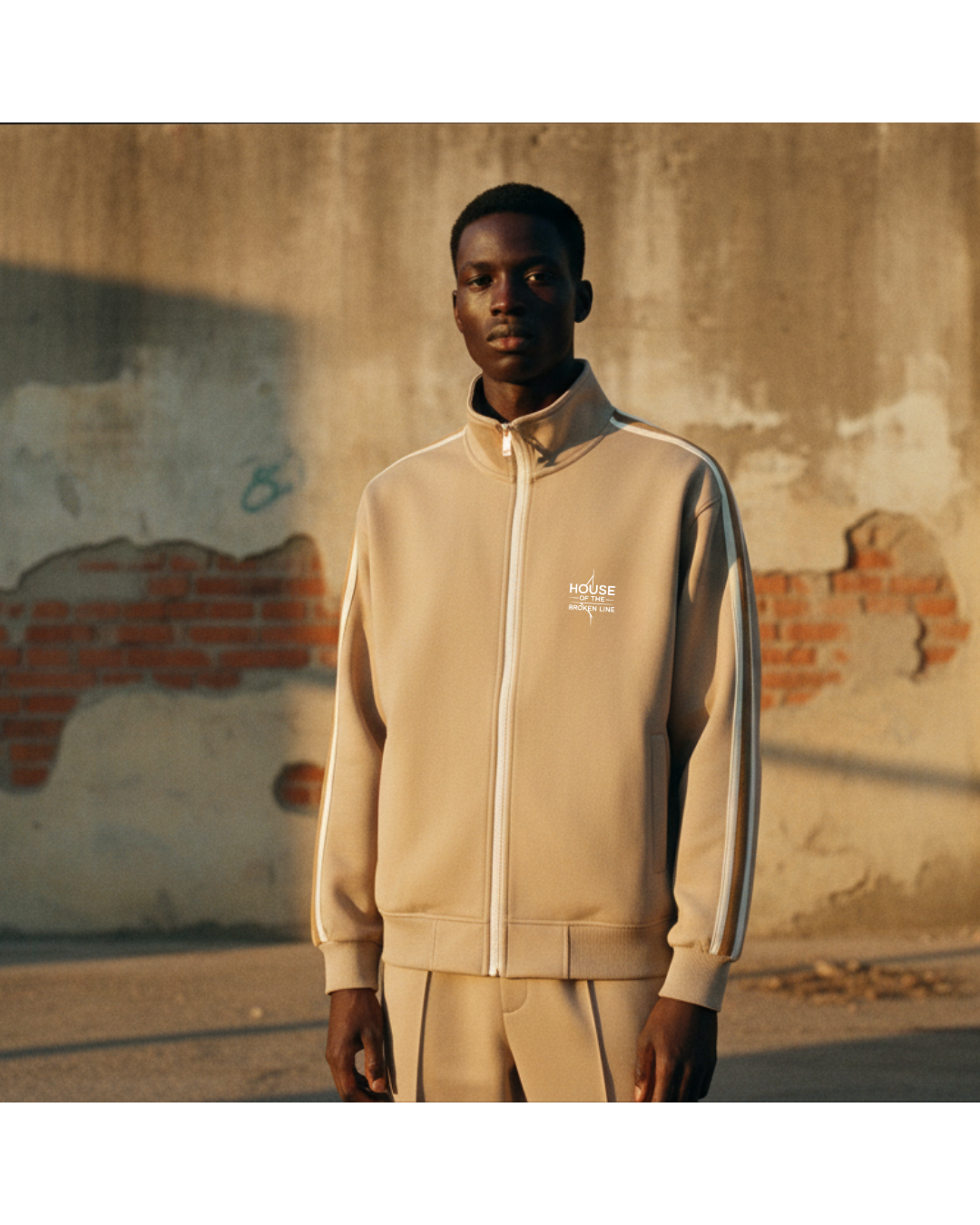 Man wearing a beige tracksuit with a logo against a graffiti-covered wall.