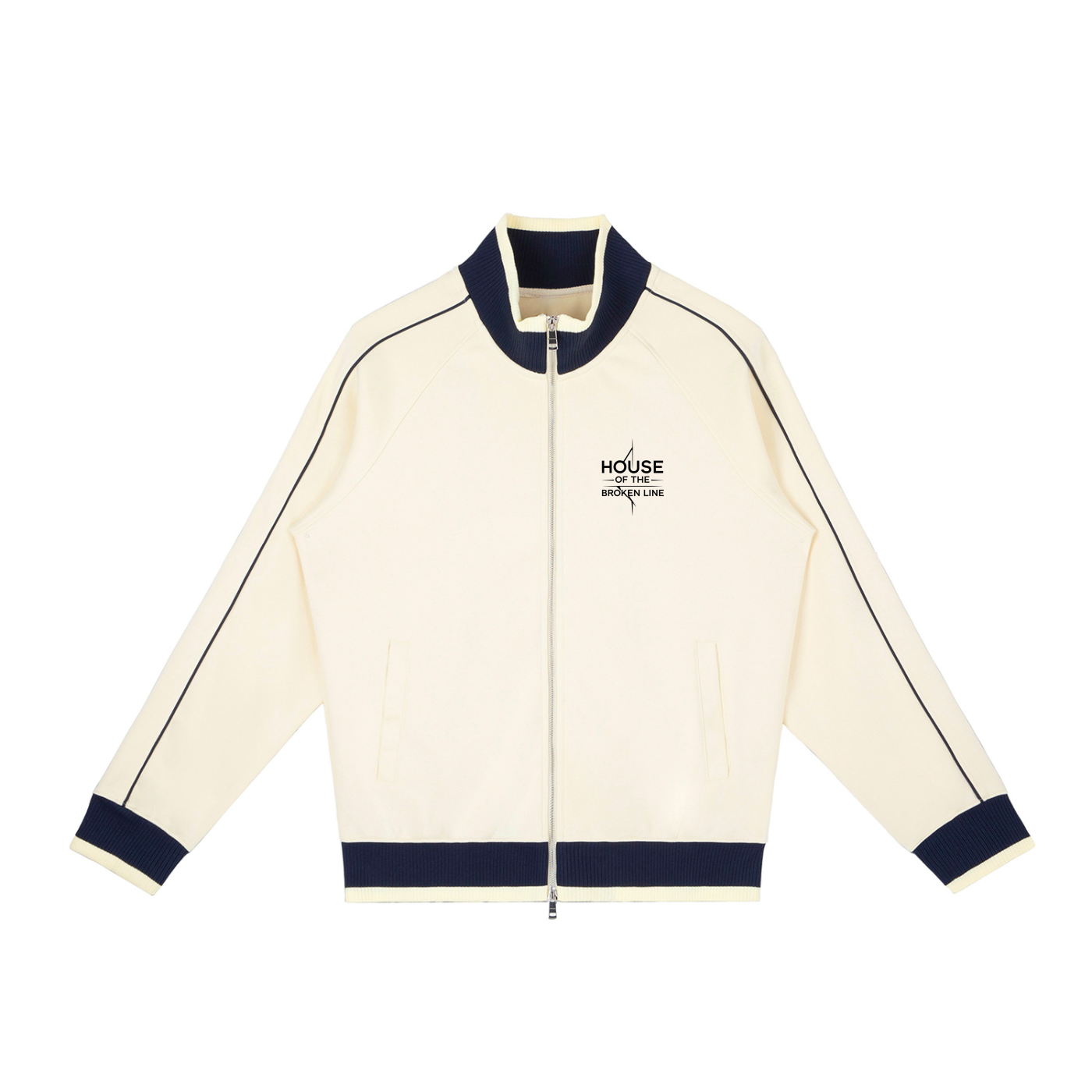 Cream-colored jacket with navy accents on a white background