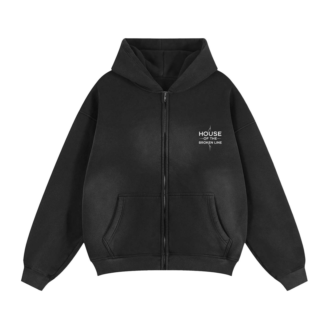 Black hoodie with text on the chest against a white background